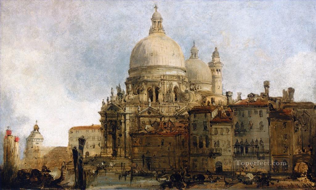 ヴェネツィアの大運河にあるサンタ・マリア・デッラ・サルーテ教会の眺め デビッド・ロバーツの向こうにドガーナがある油絵